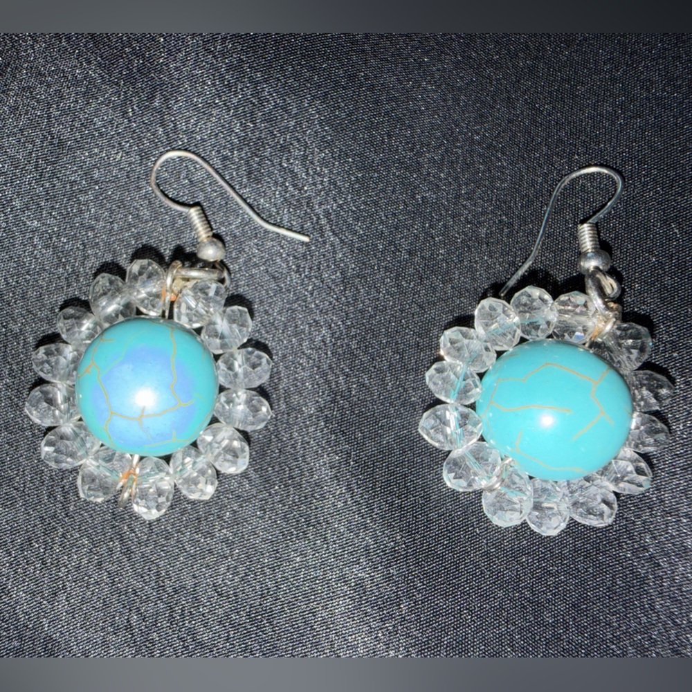 Turquoise and silver plastic bead costume earrings pierced - Picture 1 of 2